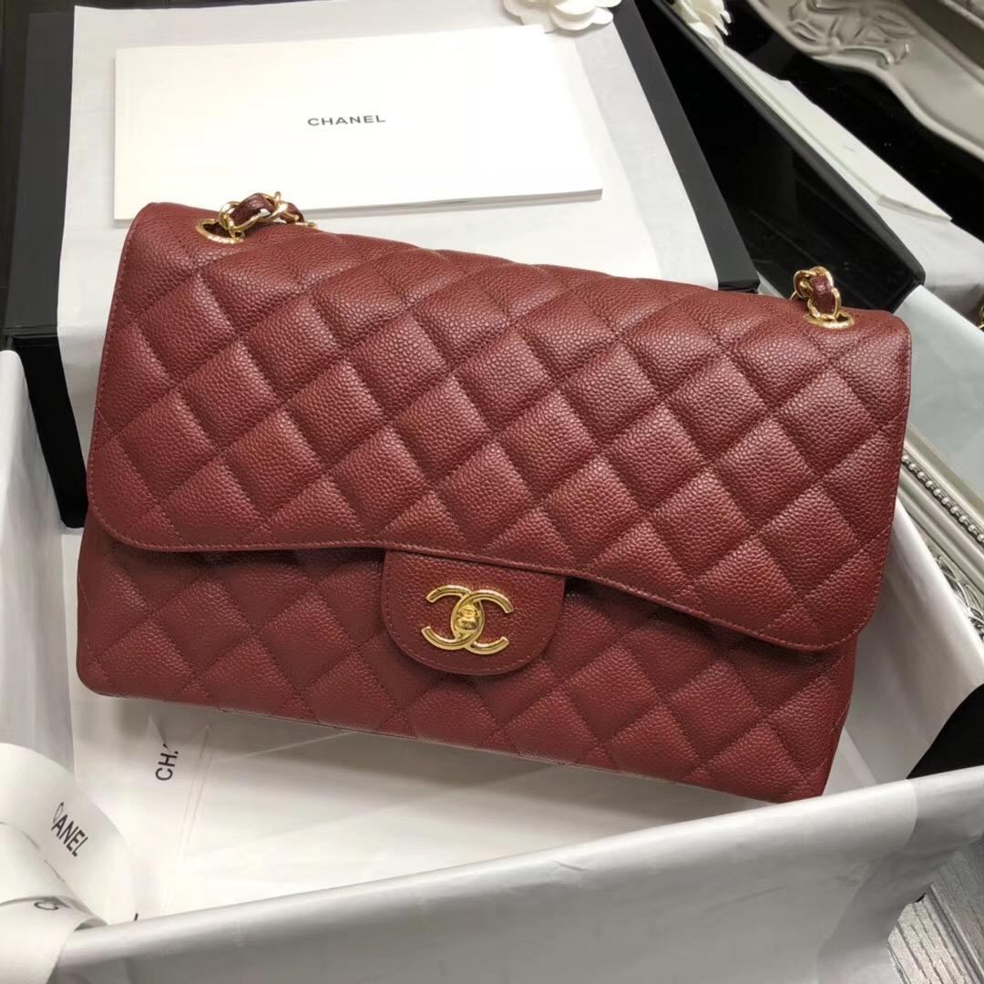 Chane.' Classic Flap Bag A58600大號口蓋包 酒紅色顆粒小牛皮