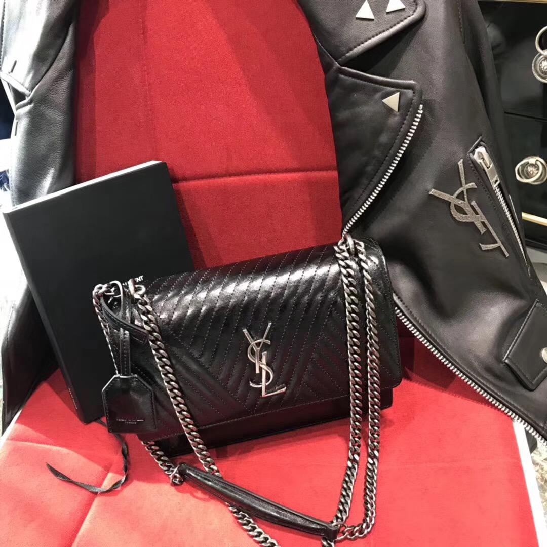 Saint Laurent SUNSET中號黑色條紋真皮包 單肩斜跨多用鏈條包