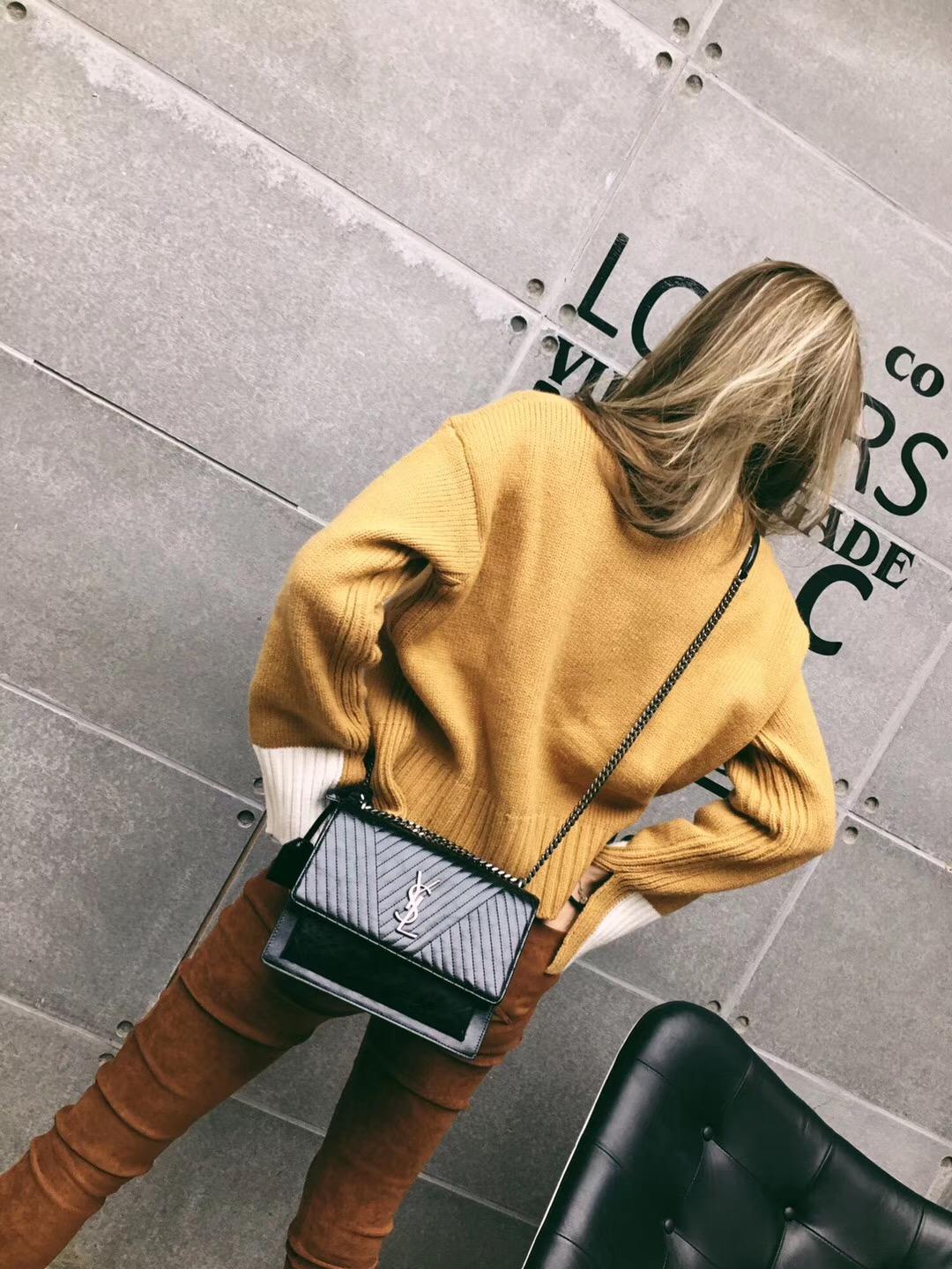 Saint Laurent SUNSET中號黑色條紋真皮包 單肩斜跨多用鏈條包