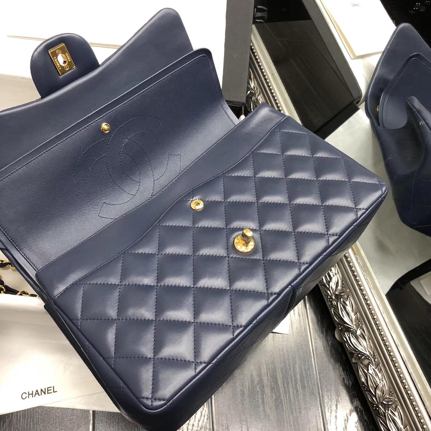 Chane. Classic Flap Bag A58600大號經典口蓋包 海軍藍色小羊皮