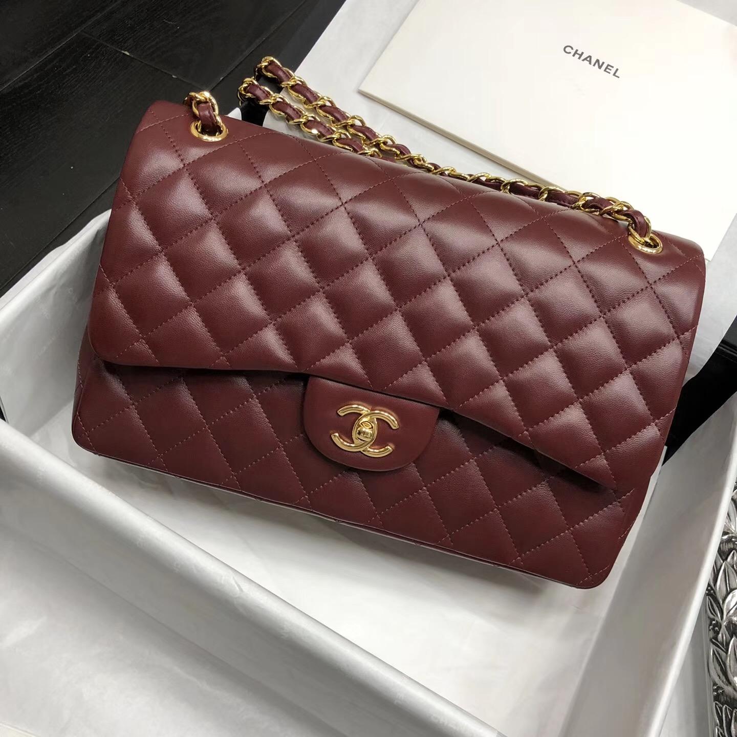 Chane. Classic Flap Bag A58600大號經典口蓋包 酒红色小羊皮