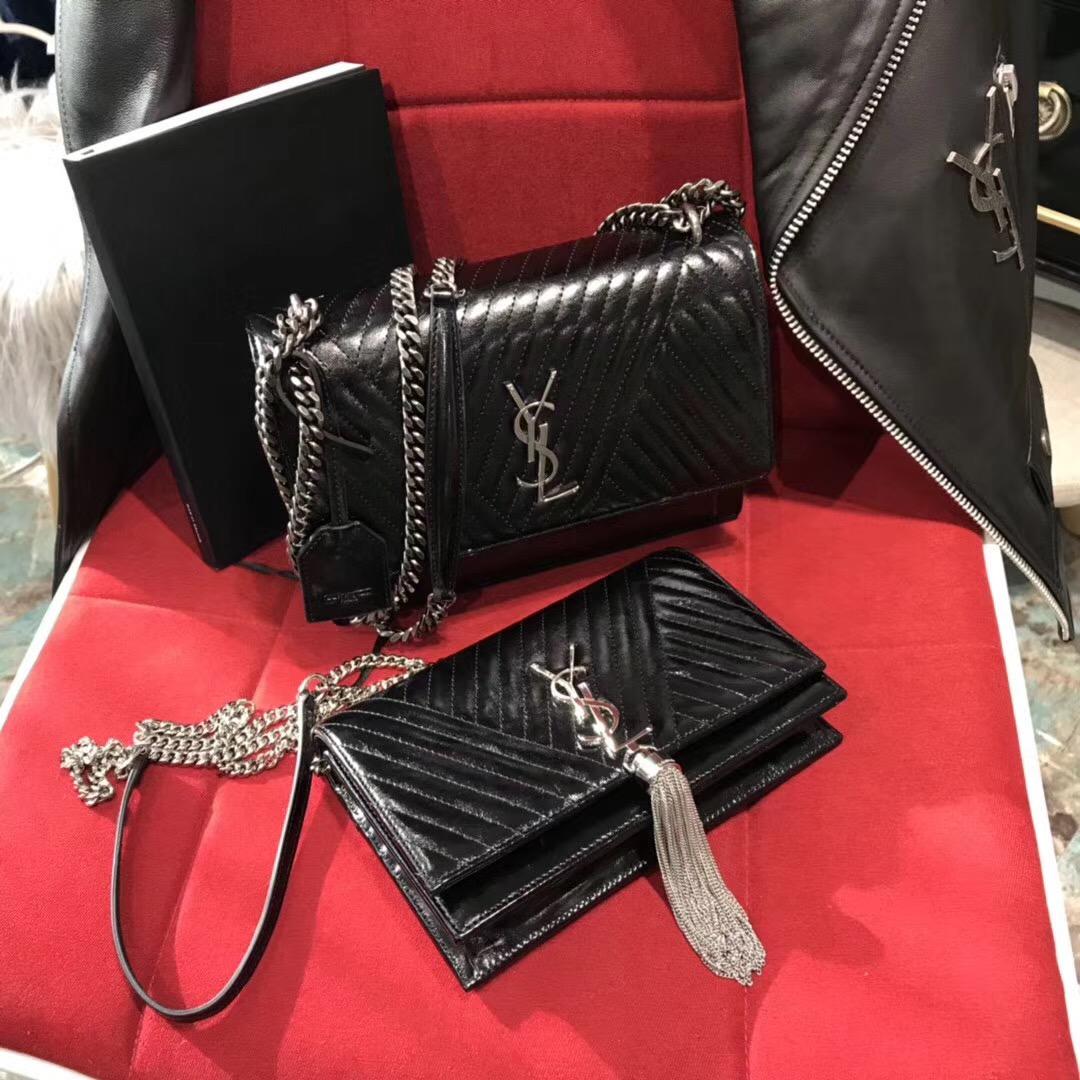 Saint Laurent KATE黑色條紋真皮鏈條流蘇錢包 MONOGRAM SAINT LAURENT