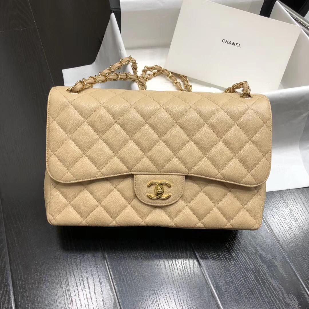 Chane.' Classic Flap Bag A58600大號口蓋包 杏色顆粒小牛皮