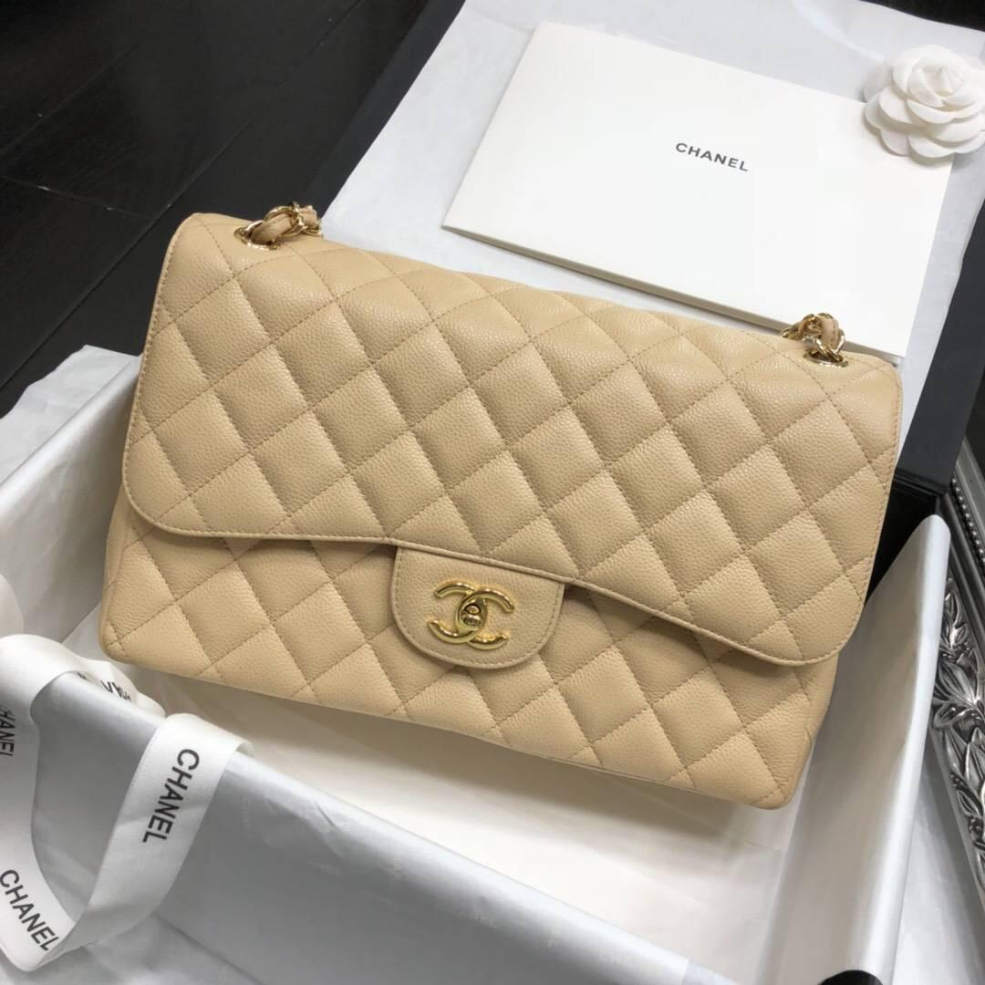 Chane.' Classic Flap Bag A58600大號口蓋包 杏色顆粒小牛皮