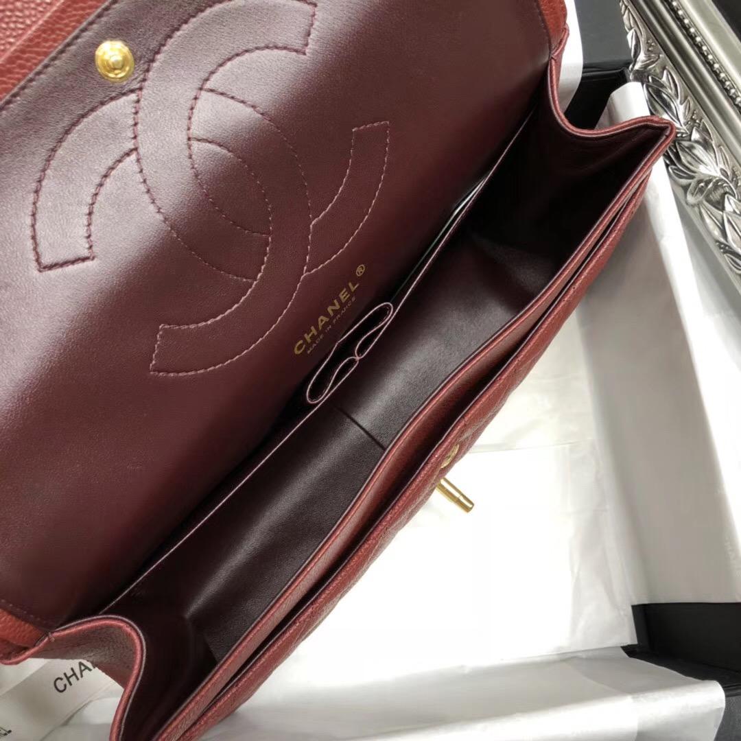 Chane.' Classic Flap Bag A58600大號口蓋包 酒紅色顆粒小牛皮