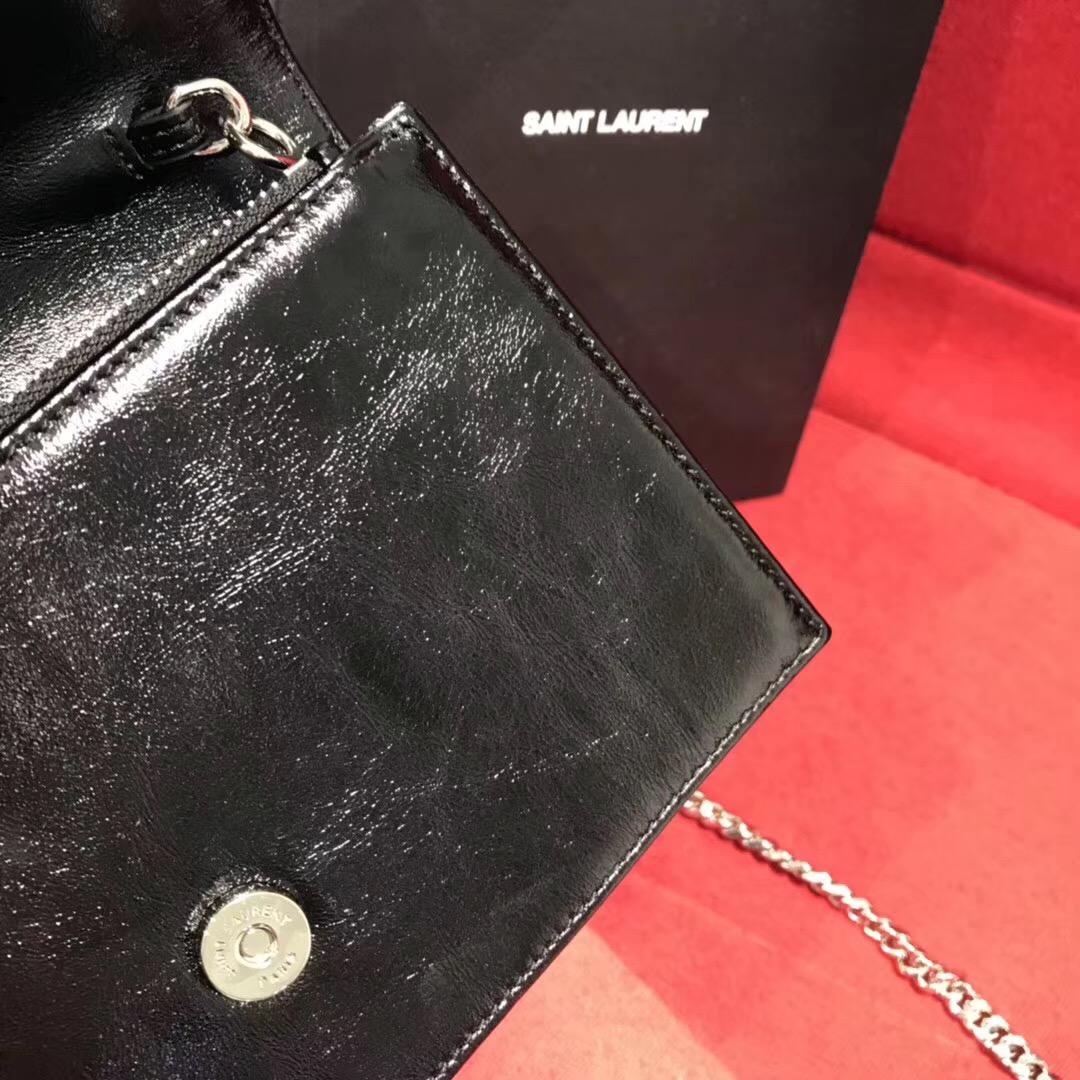 Saint Laurent KATE黑色條紋真皮鏈條流蘇錢包 MONOGRAM SAINT LAURENT