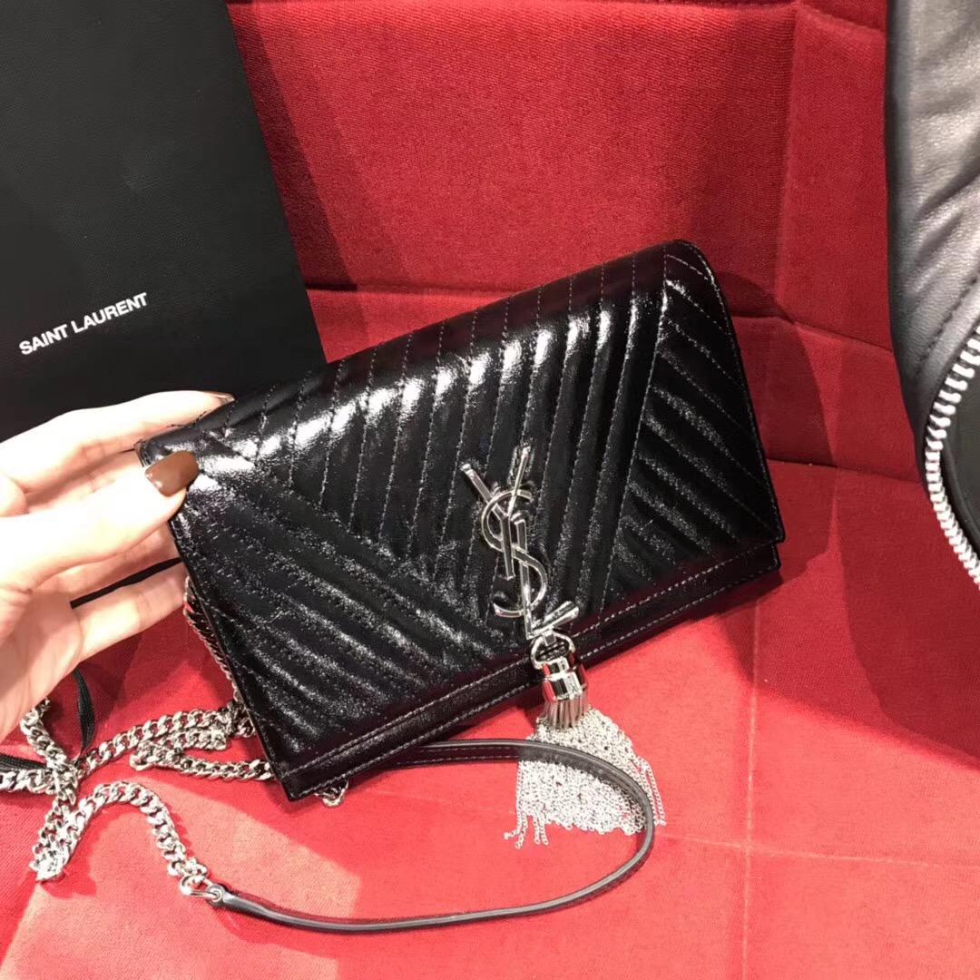 Saint Laurent KATE黑色條紋真皮鏈條流蘇錢包 MONOGRAM SAINT LAURENT