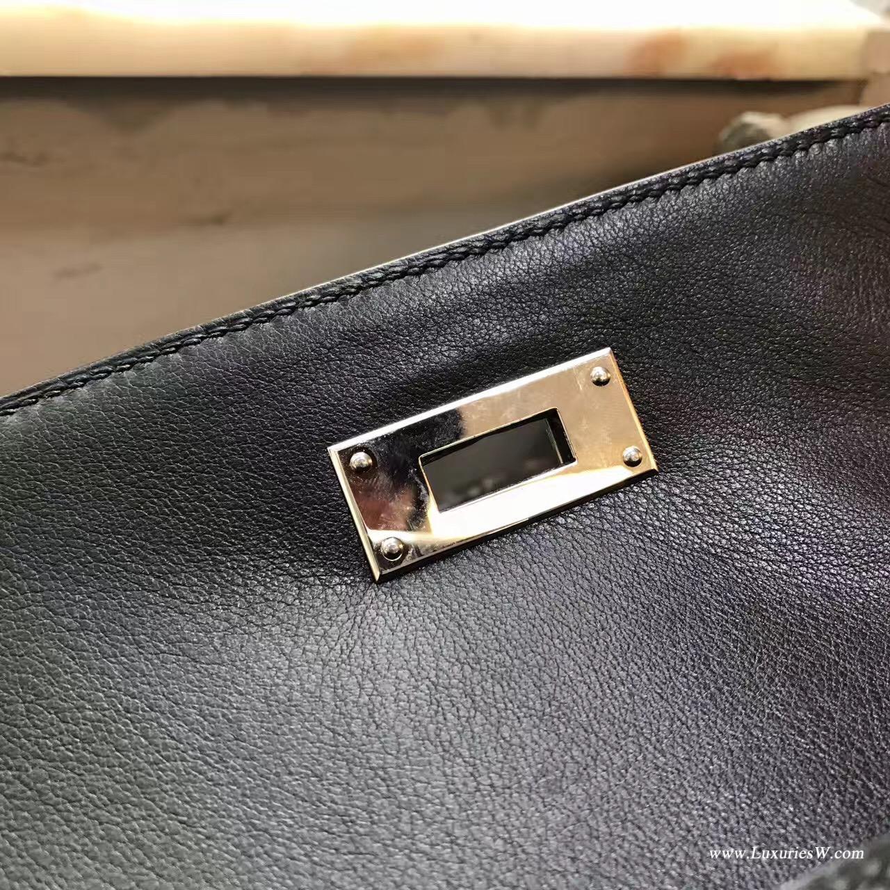 愛馬仕Hermes Kelly 28 Evercolor 外縫CK89 Nior黑色银扣