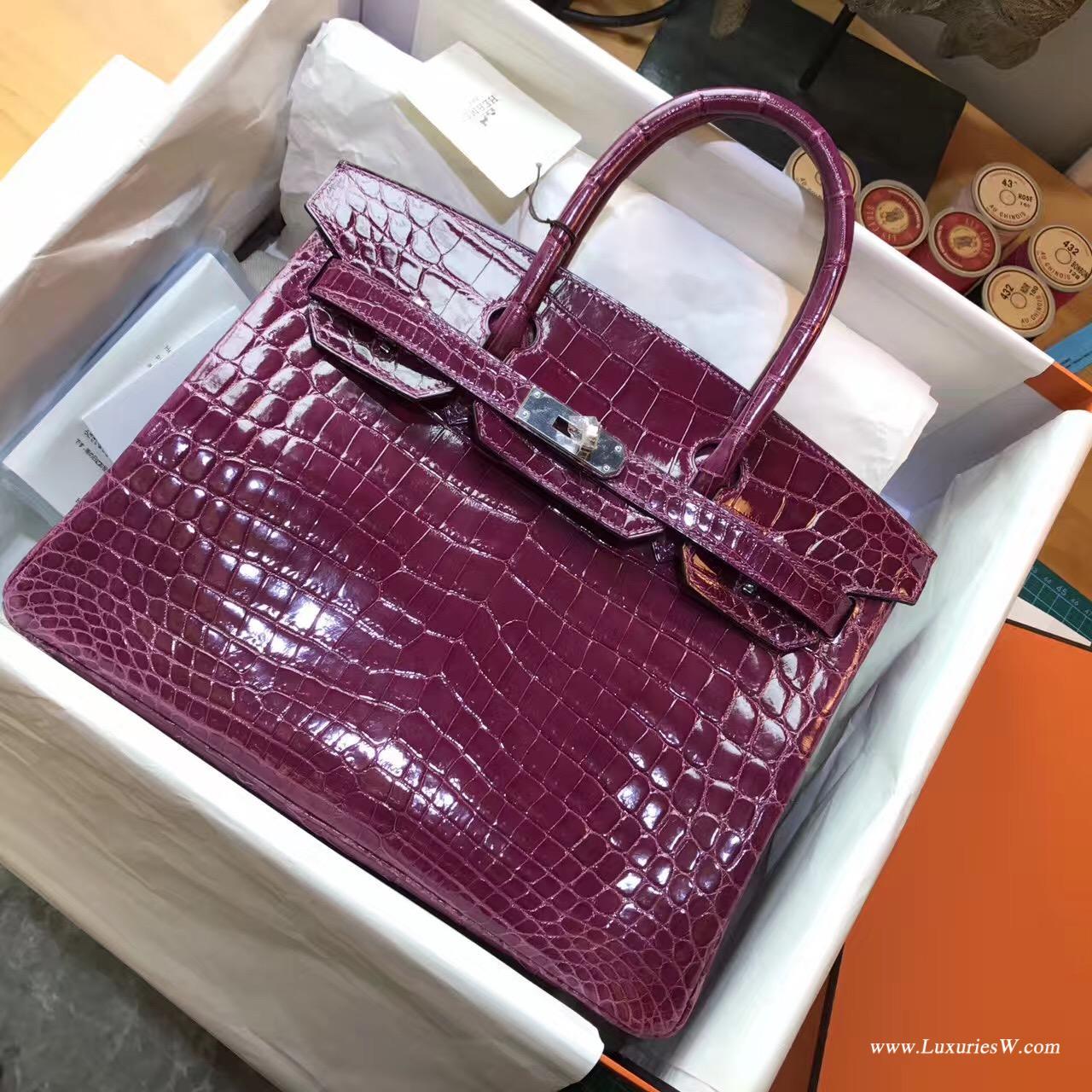 愛馬仕Hermes 鉑金包Birkin 30 鱷魚光面 P9 Anemone高冷紫色銀扣