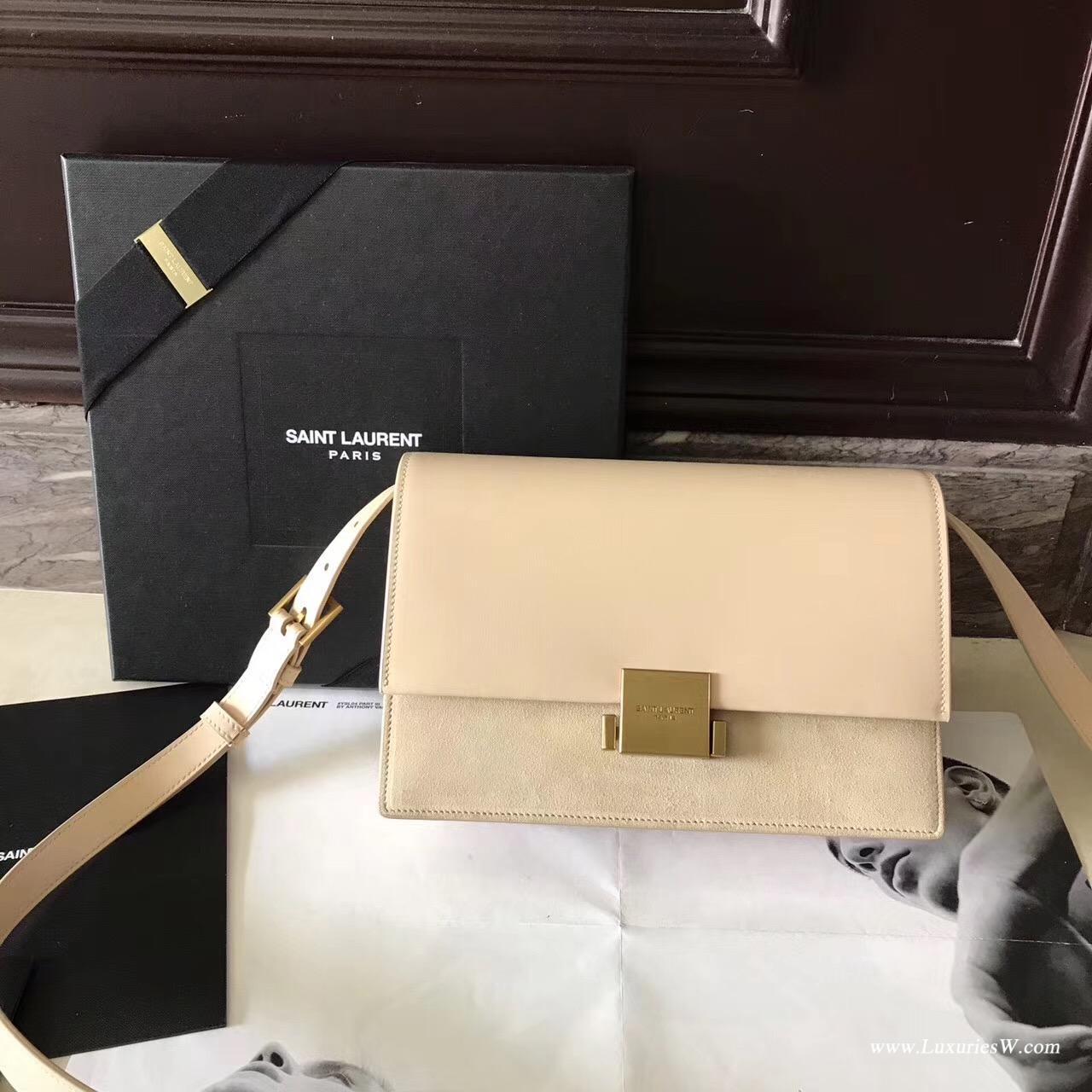 Medium BELLECHASSE SAINT LAURENT bag in black leather and taupe suede