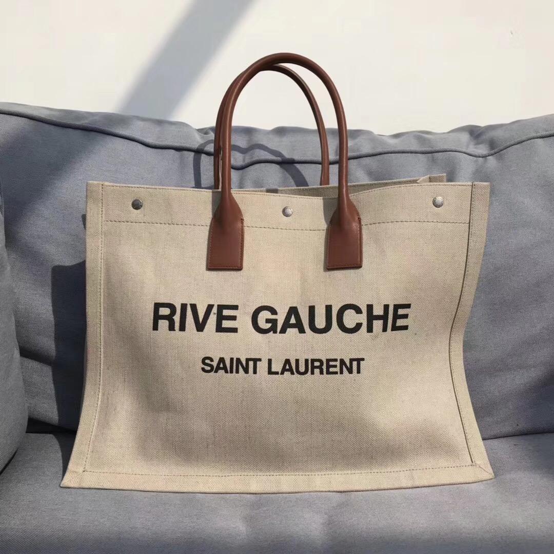 ysl包包 rive-gauche米色亞麻和幹邑色真皮手提袋 OE SAINT LAURENT