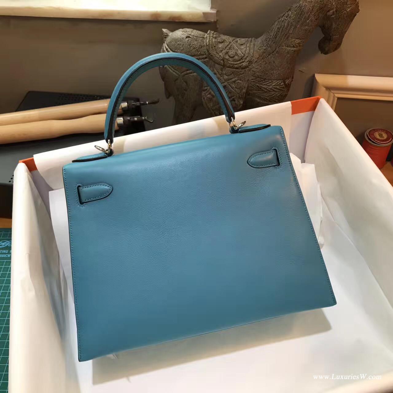 愛馬仕Hermes Kelly Evercolor 28 外縫CK89 7W Blue Lzmir伊茲密爾藍