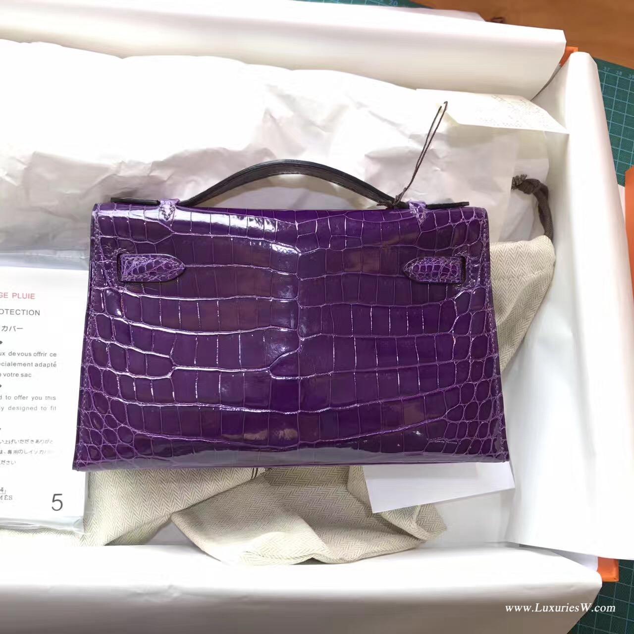 愛馬仕Hermes Mini Kelly 鱷魚皮宴會手包 9W Crocus夢幻紫色銀扣