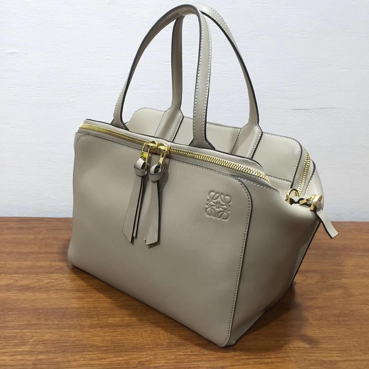 loewe羅意威Leather Zipper Tote Bag杏色 經典小牛皮拼鹿皮內襯