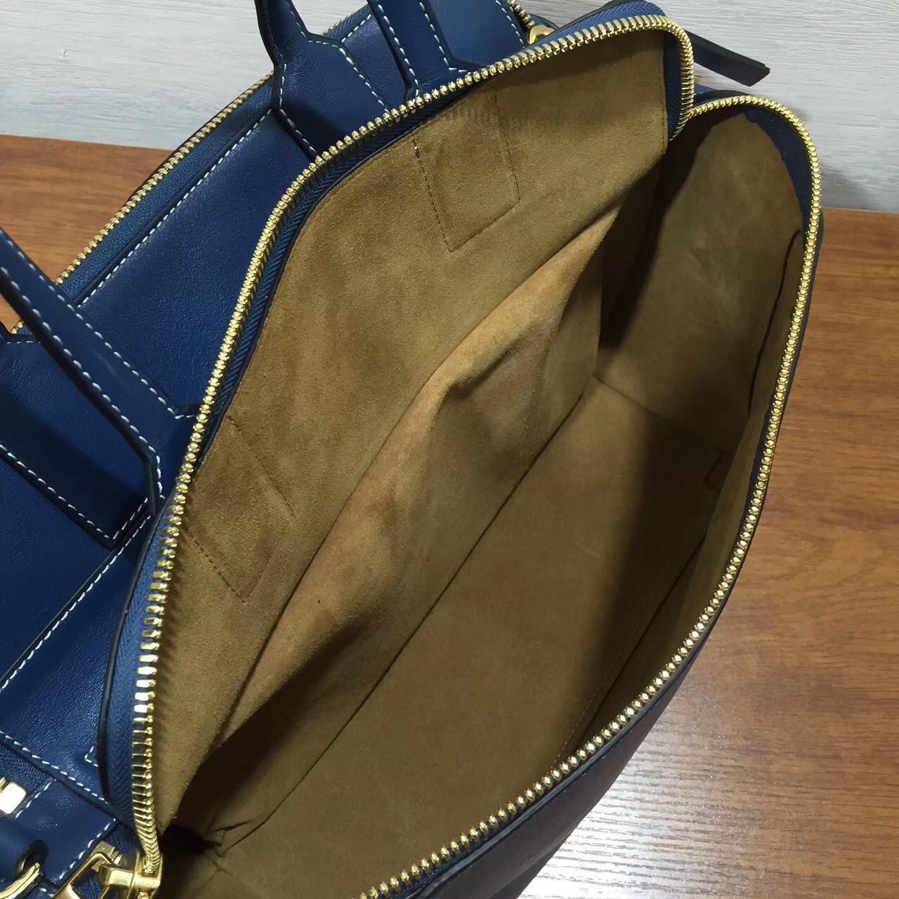 loewe羅意威Leather Zipper Tote Bag, Blue蓝色 經典小牛皮拼鹿皮內襯