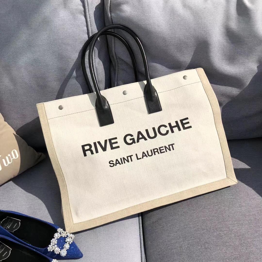 聖羅蘭ysl rive-gauche白色亞麻和黑色真皮手提袋 熒光白