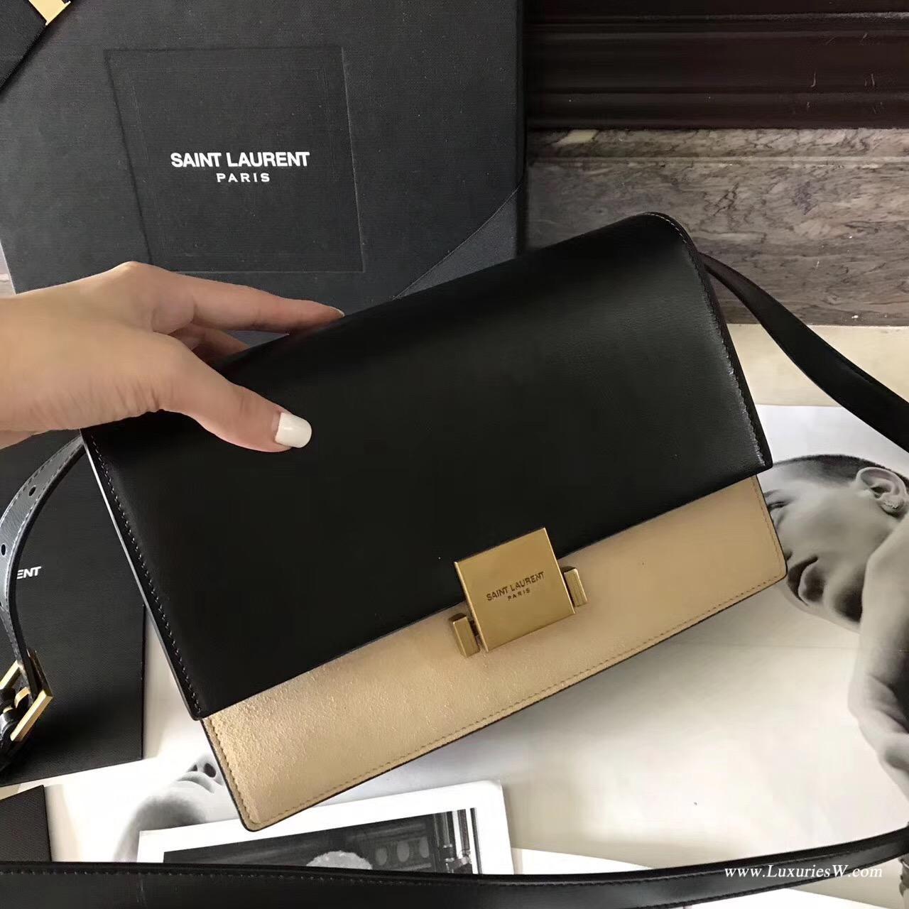 YSL Medium BELLECHASSE SAINT LAURENT bag in black leather and taupe suede