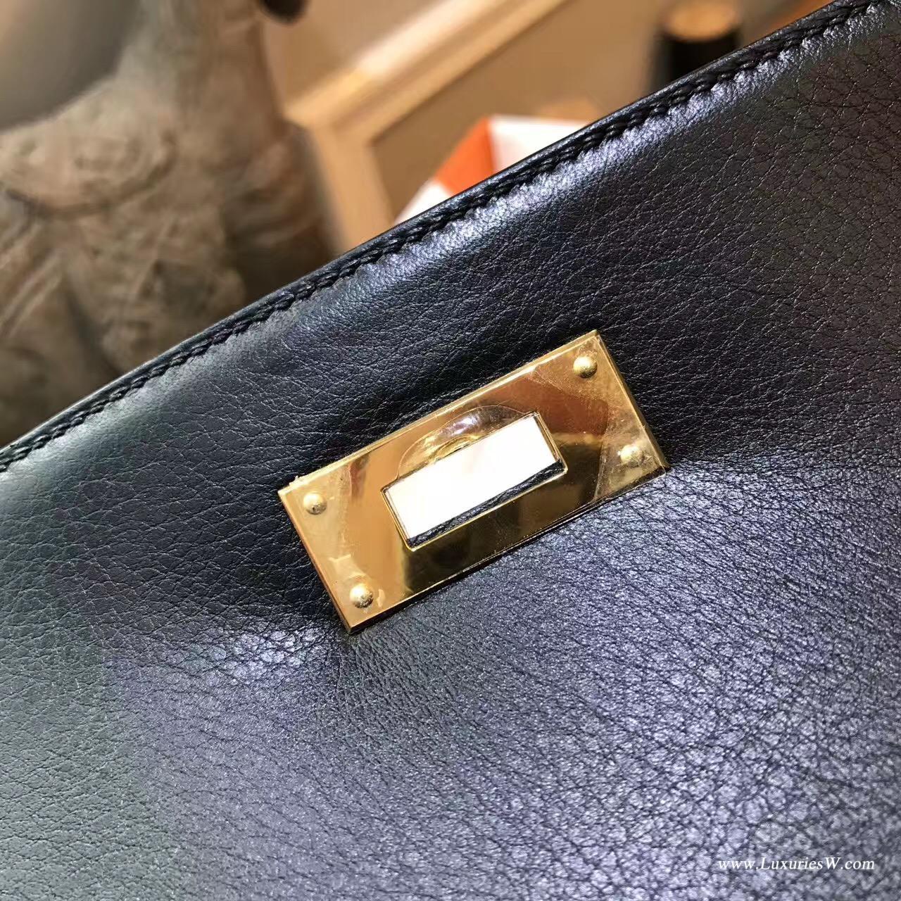 愛馬仕Hermes Kelly Evercolor 28 外縫CK89 Nior黑色金扣