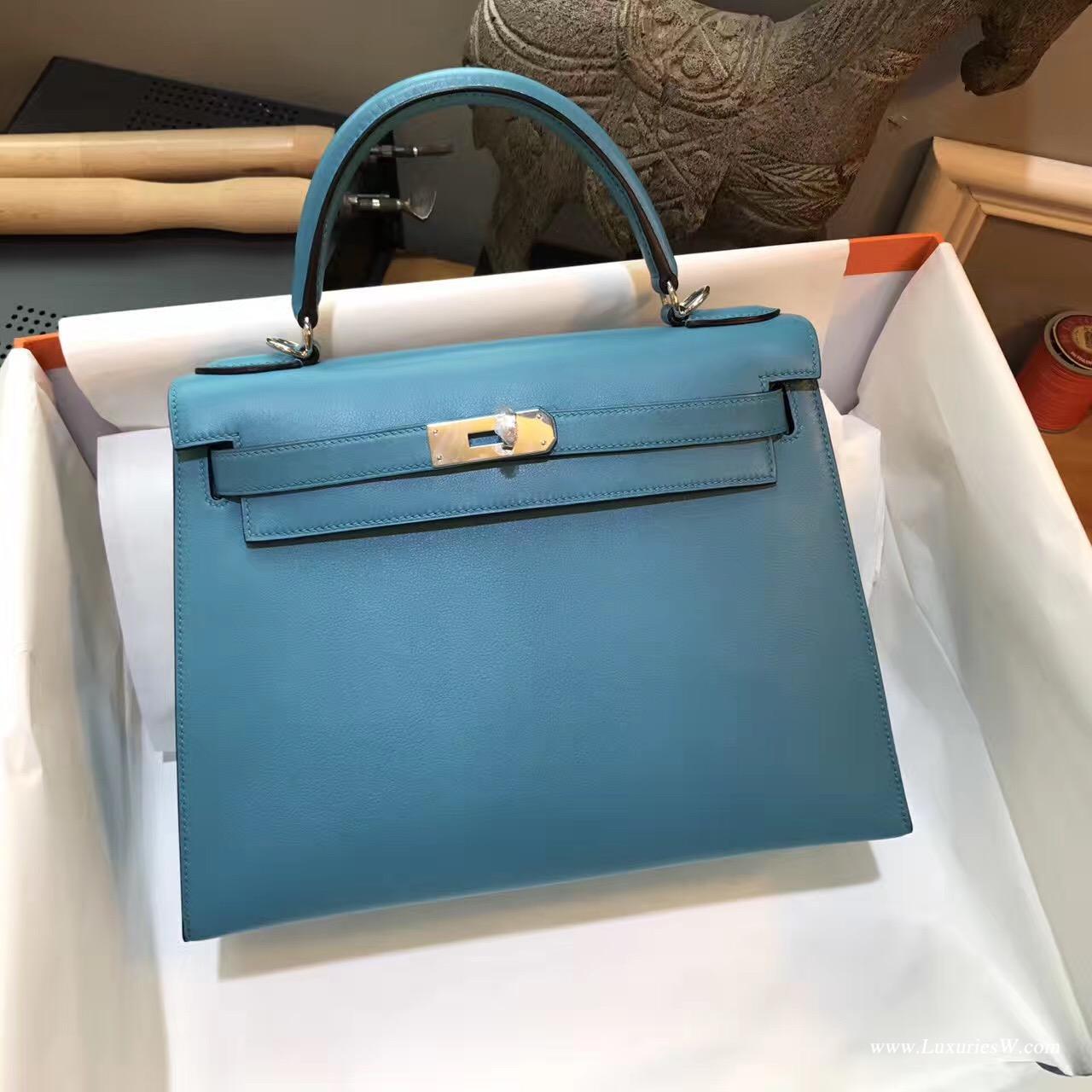 愛馬仕Hermes Kelly Evercolor 28 外縫CK89 7W Blue Lzmir伊茲密爾藍