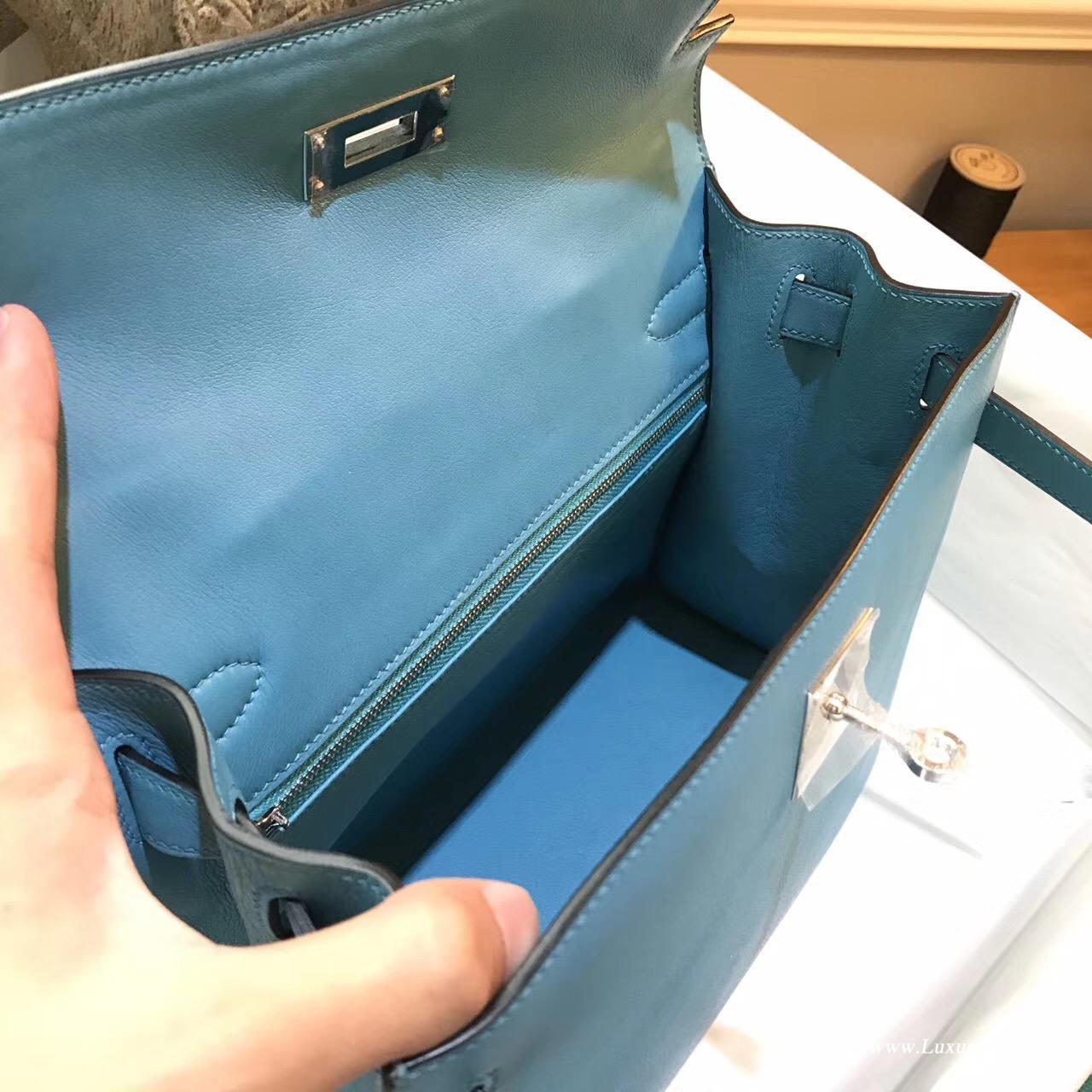 愛馬仕Hermes Kelly Evercolor 28 外縫CK89 7W Blue Lzmir伊茲密爾藍