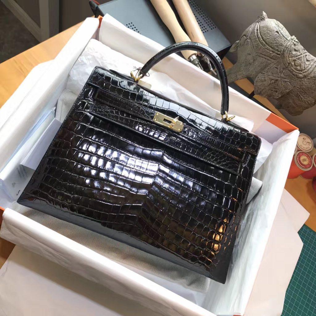 Hermes Kelly Bag 32鱷魚光面 CK89 Nior黑金經典 中號 金扣