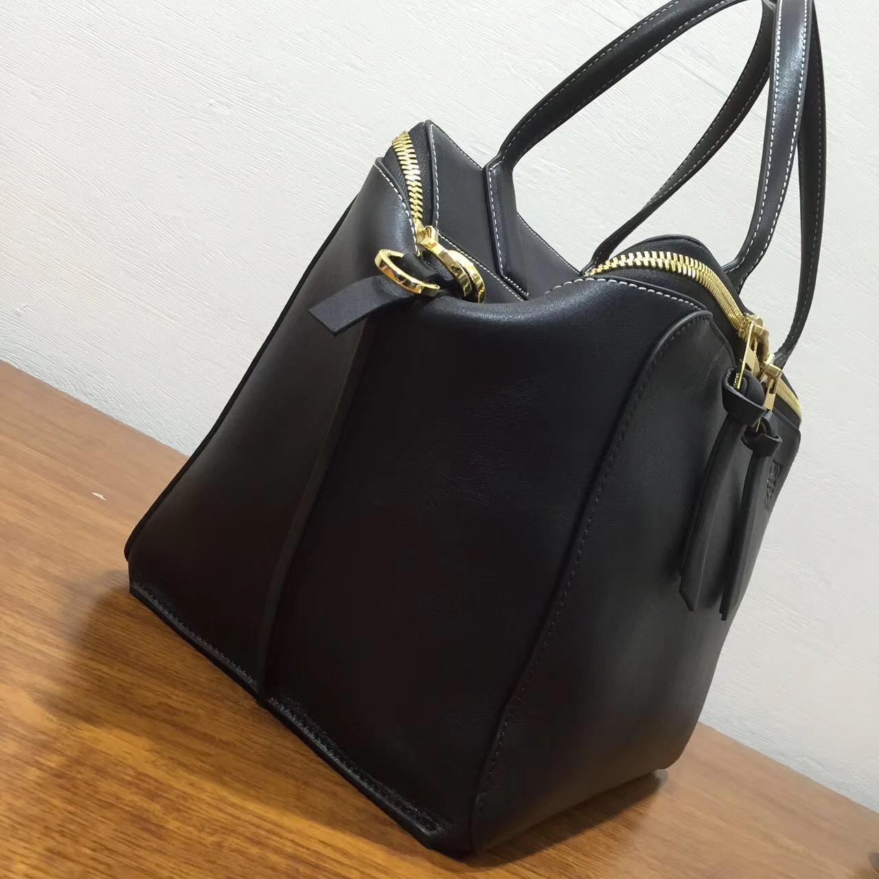 loewe羅意威Leather Zipper Tote Bag黑色 經典小牛皮拼鹿皮內襯