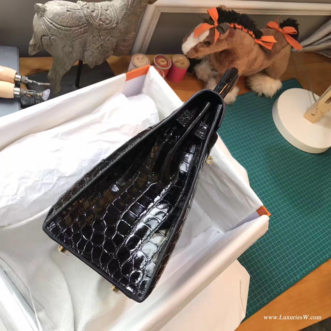 Hermes Kelly Bag 32鱷魚光面 CK89 Nior黑金經典 中號 金扣