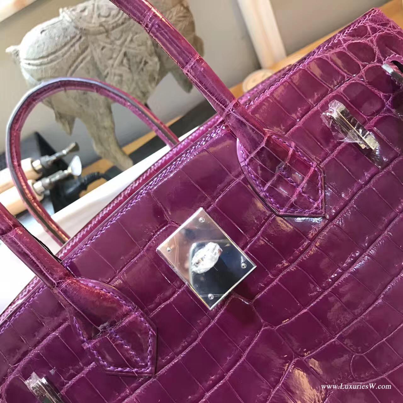 愛馬仕Hermes 鉑金包Birkin 30 鱷魚光面 P9 Anemone高冷紫色銀扣