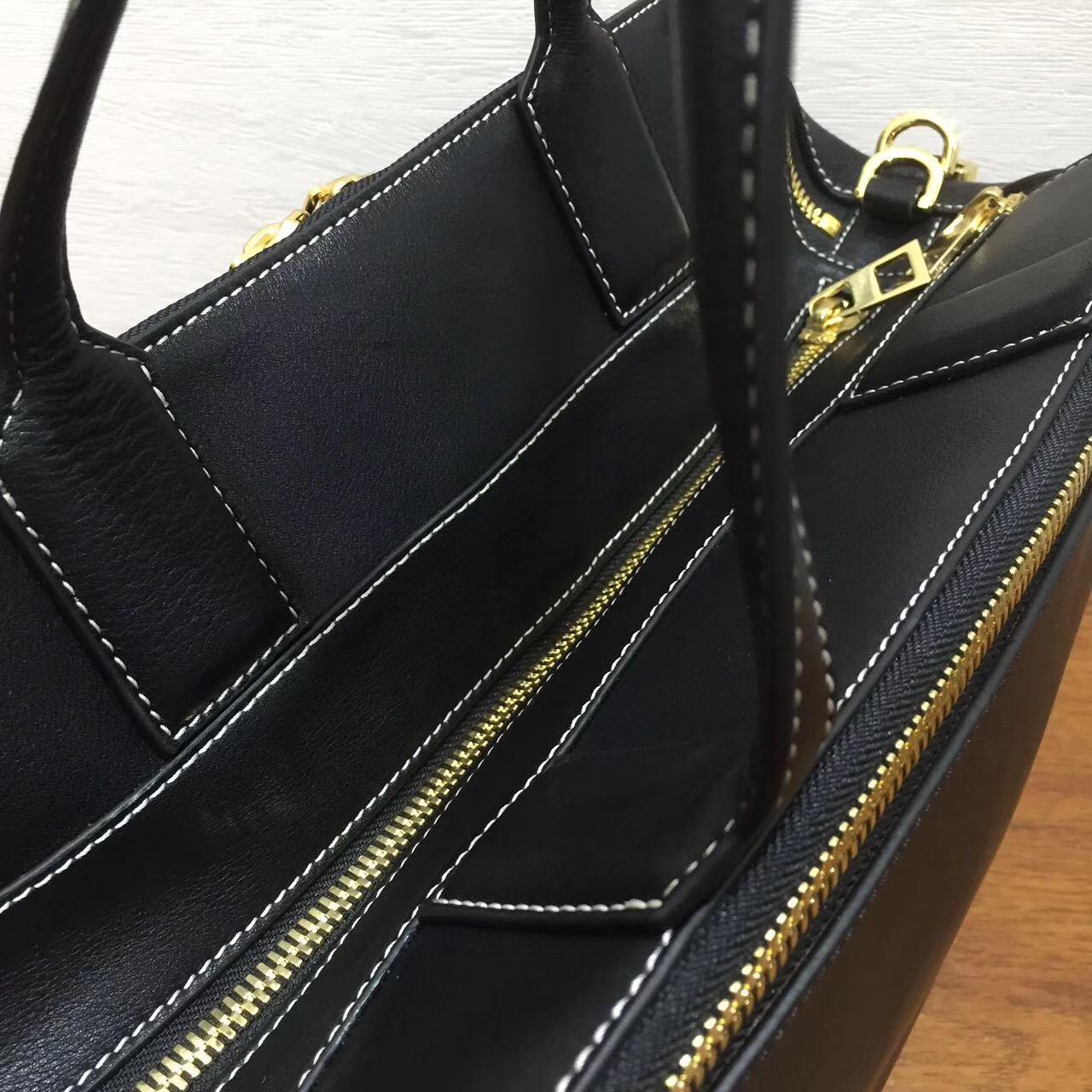 loewe羅意威Leather Zipper Tote Bag黑色 經典小牛皮拼鹿皮內襯