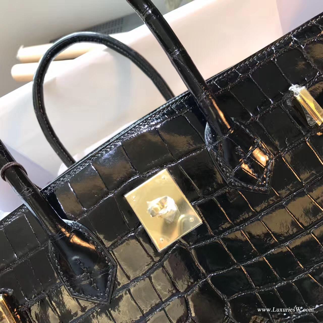 Hermes 鉑金包Birkin 35 鱷魚光面黑色 CK89 Nior 最經典的顏色 金扣