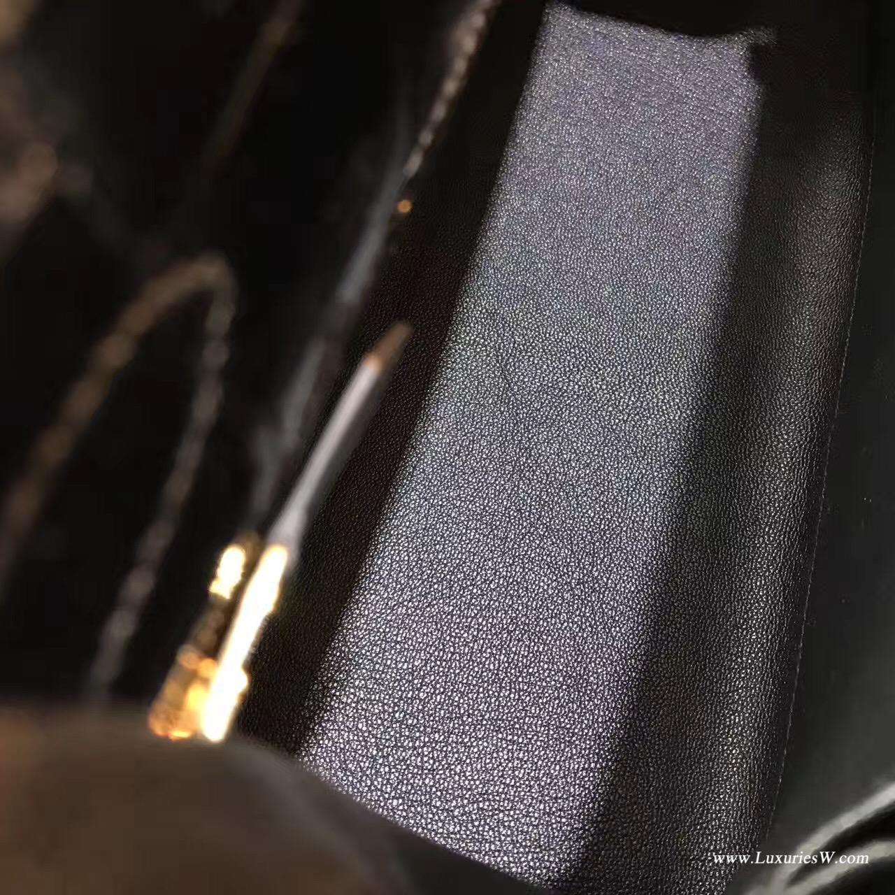 Hermes Kelly Bag 32鱷魚光面 CK89 Nior黑金經典 中號 金扣