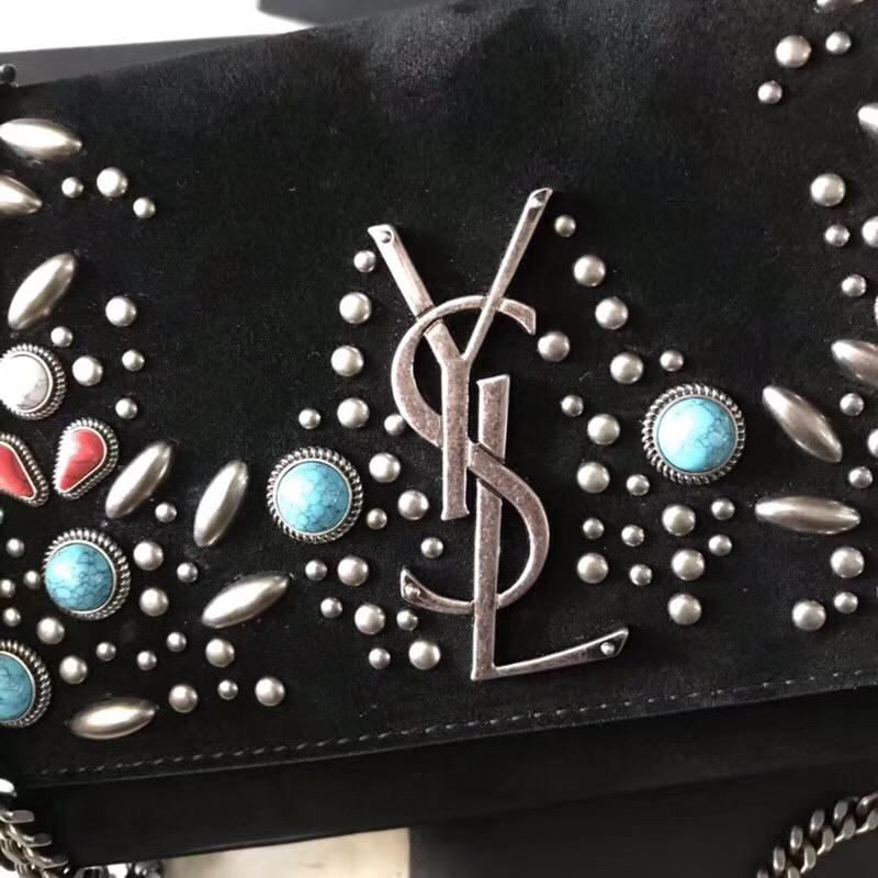 聖羅蘭YSL包包 monogram-kate手袋 berber黑色麂皮零錢袋 配彩色珠片