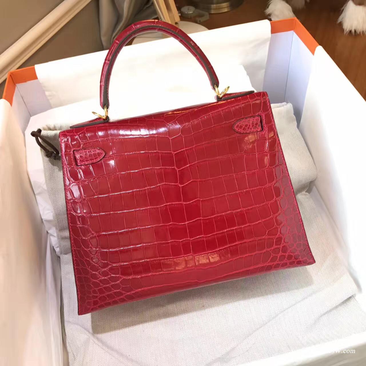 愛馬仕最早的包袋Hermes Kelly 28光面鱷魚 Q5 Rouge Cossacks中國紅金扣