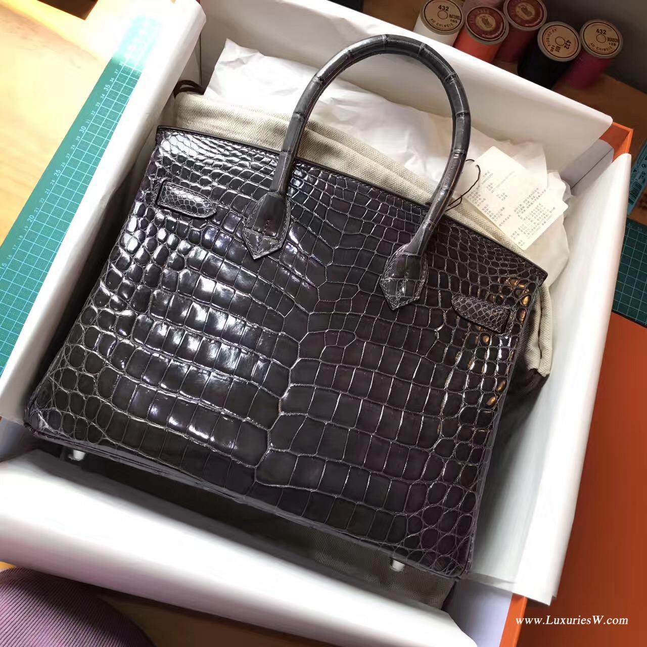 愛馬仕Hermes 鉑金包Birkin 30 鱷魚光面 8F Etain錫器灰 銀扣