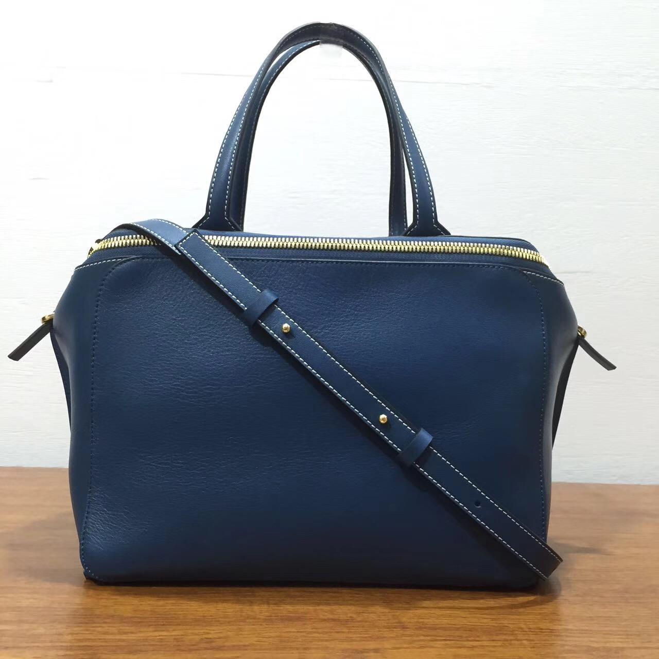 loewe羅意威Leather Zipper Tote Bag, Blue蓝色 經典小牛皮拼鹿皮內襯