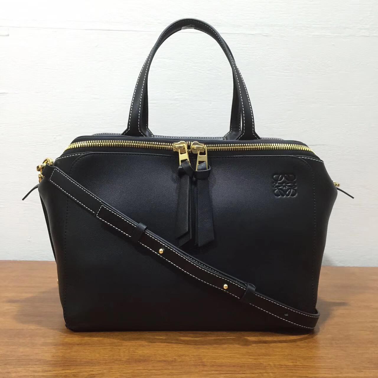 loewe羅意威Leather Zipper Tote Bag黑色 經典小牛皮拼鹿皮內襯