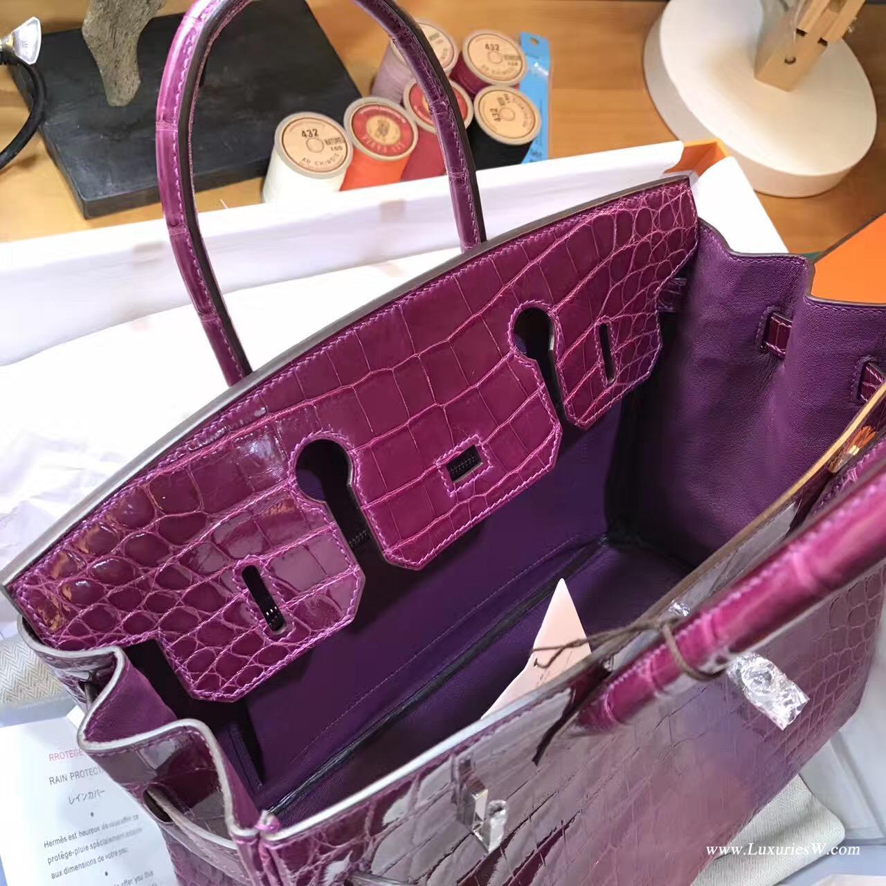 愛馬仕Hermes 鉑金包Birkin 30 鱷魚光面 P9 Anemone高冷紫色銀扣