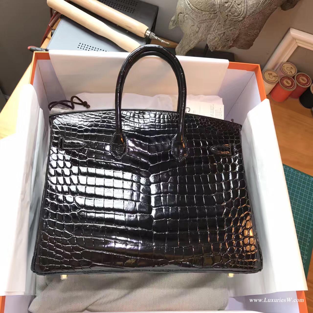 Hermes 鉑金包Birkin 35 鱷魚光面黑色 CK89 Nior 最經典的顏色 金扣