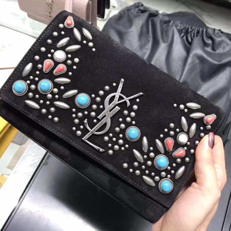 聖羅蘭YSL包包 monogram-kate手袋 berber黑色麂皮零錢袋 配彩色珠片