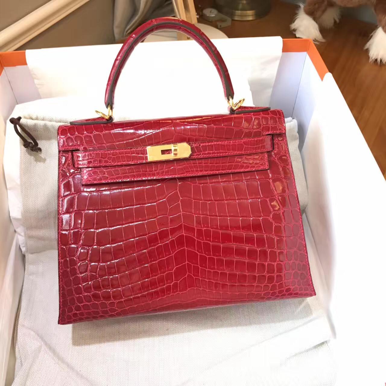 愛馬仕最早的包袋Hermes Kelly 28光面鱷魚 Q5 Rouge Cossacks中國紅金扣