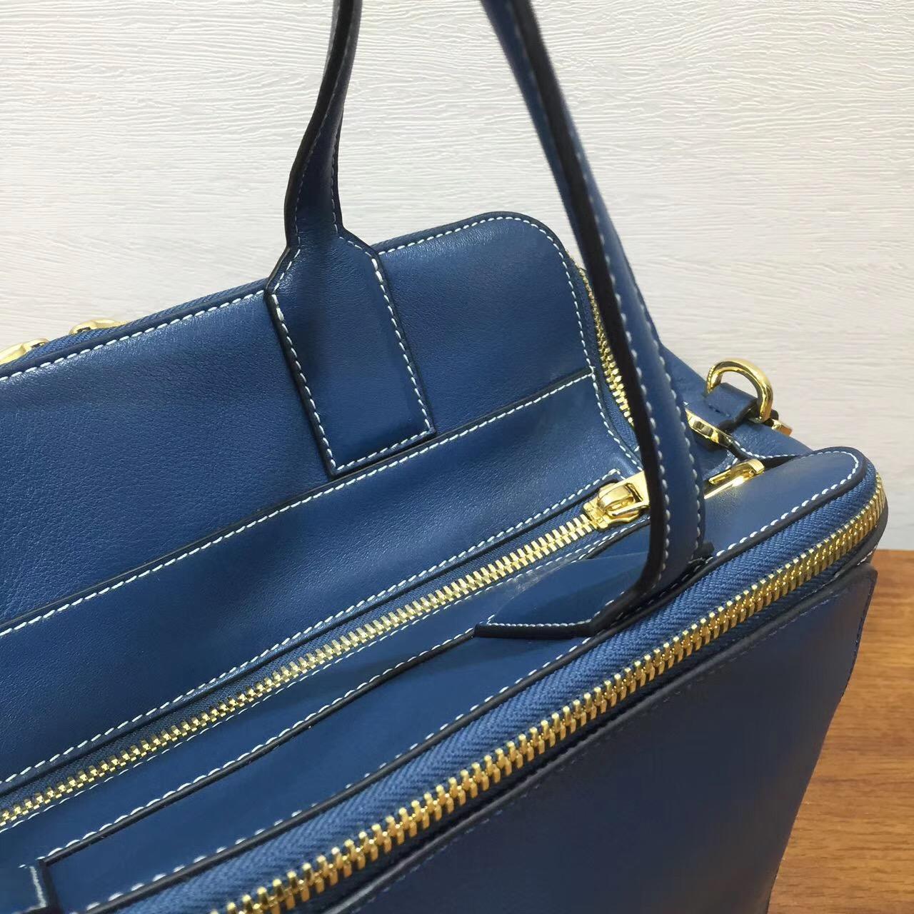 loewe羅意威Leather Zipper Tote Bag, Blue蓝色 經典小牛皮拼鹿皮內襯