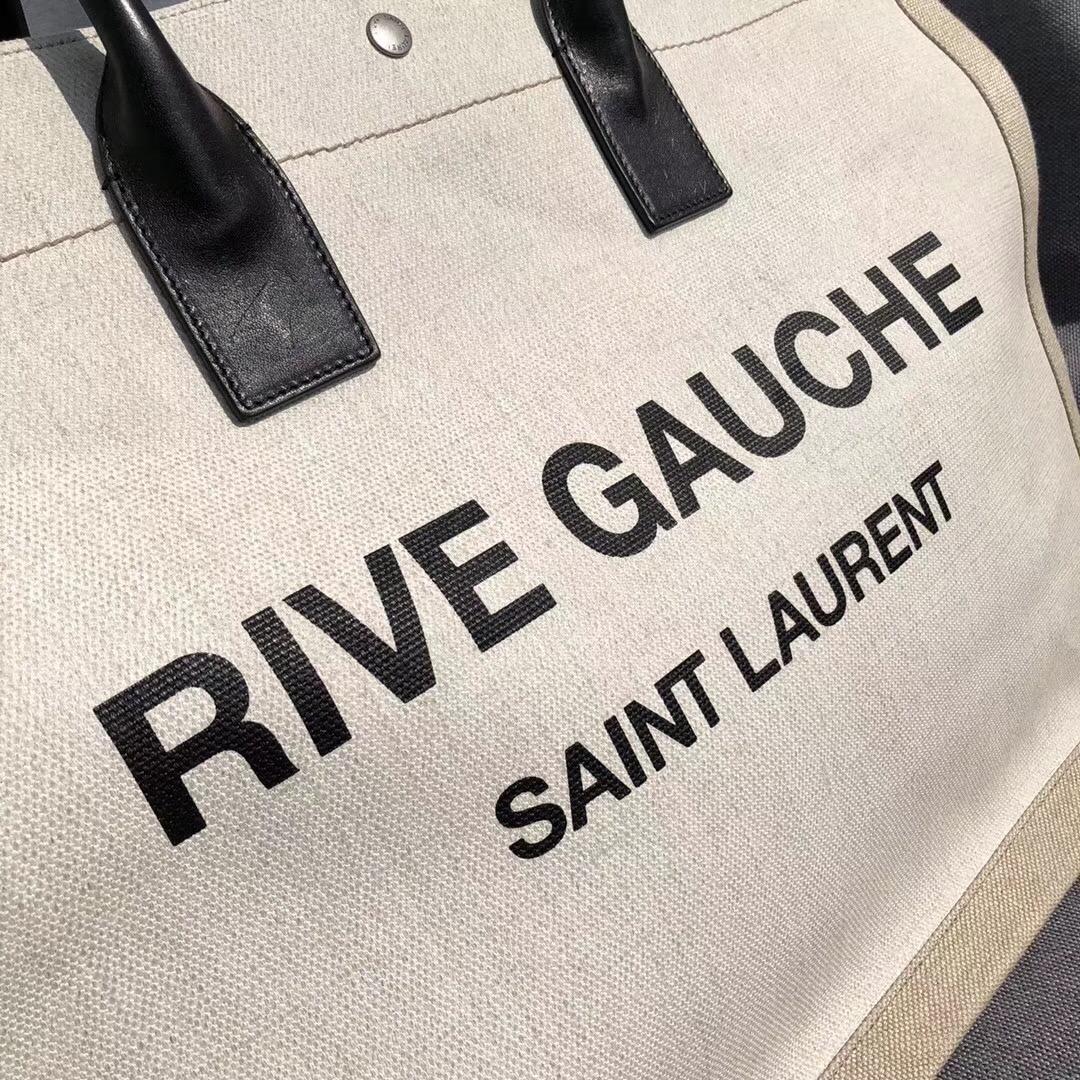 聖羅蘭ysl rive-gauche白色亞麻和黑色真皮手提袋 熒光白