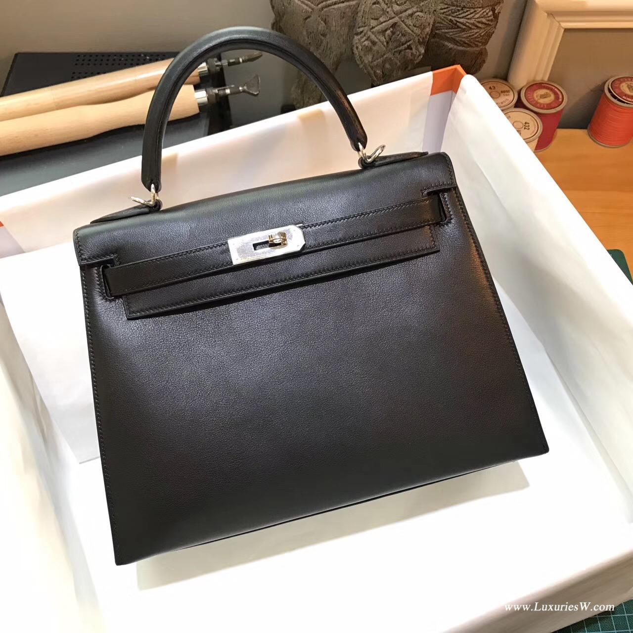 愛馬仕Hermes Kelly 28 Evercolor 外縫CK89 Nior黑色银扣