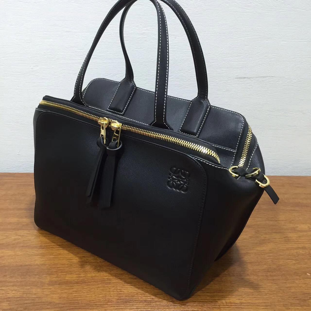 loewe羅意威Leather Zipper Tote Bag黑色 經典小牛皮拼鹿皮內襯