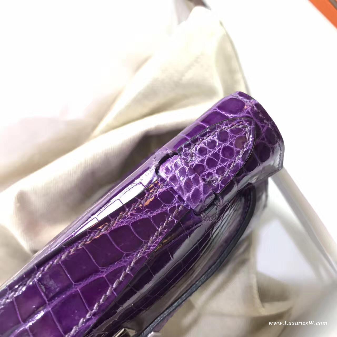 愛馬仕Hermes Mini Kelly 鱷魚皮宴會手包 9W Crocus夢幻紫色銀扣
