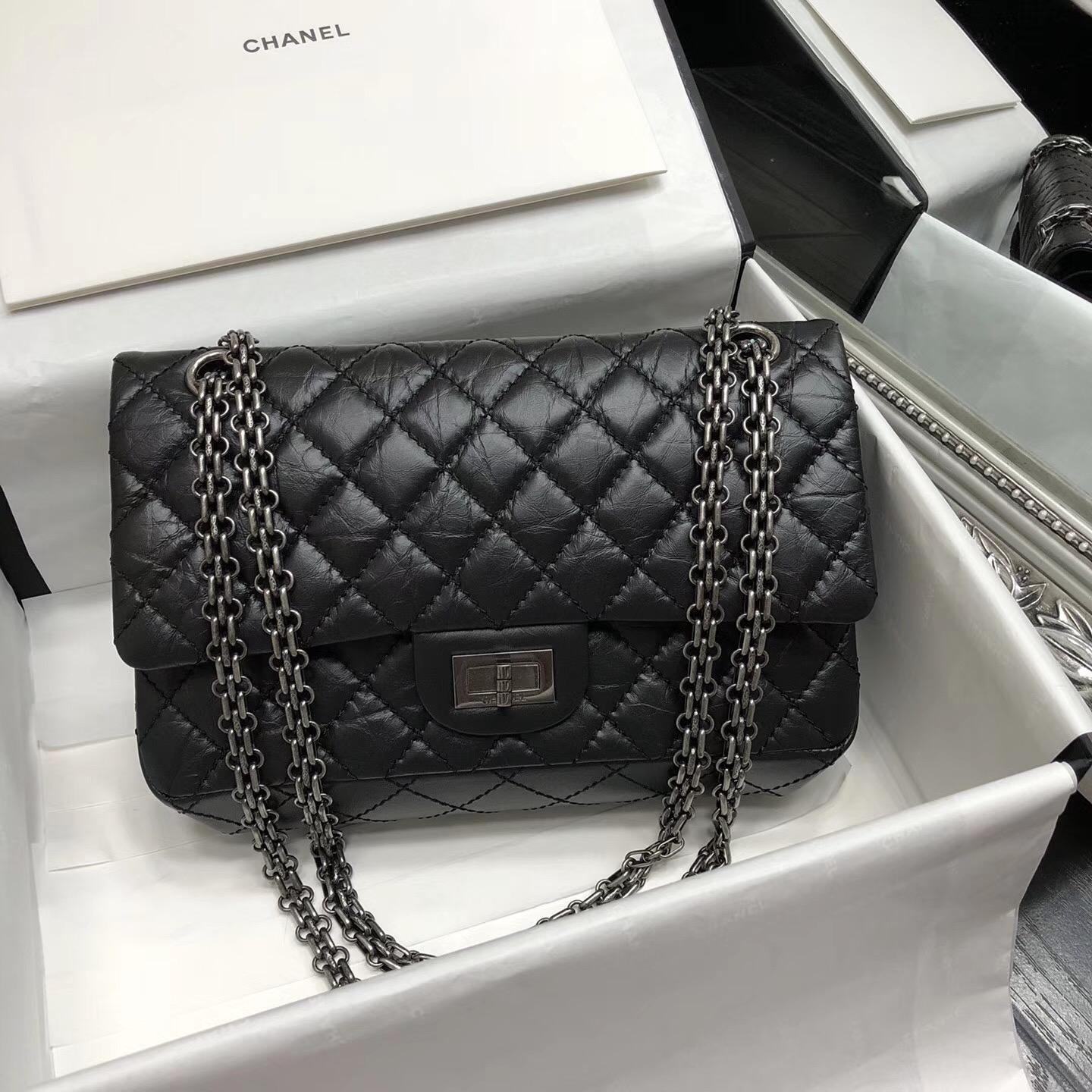 Chane.復刻版小號口蓋包 25cm Large 2.55 handbag 黑色原廠牛皮銀色鏈條