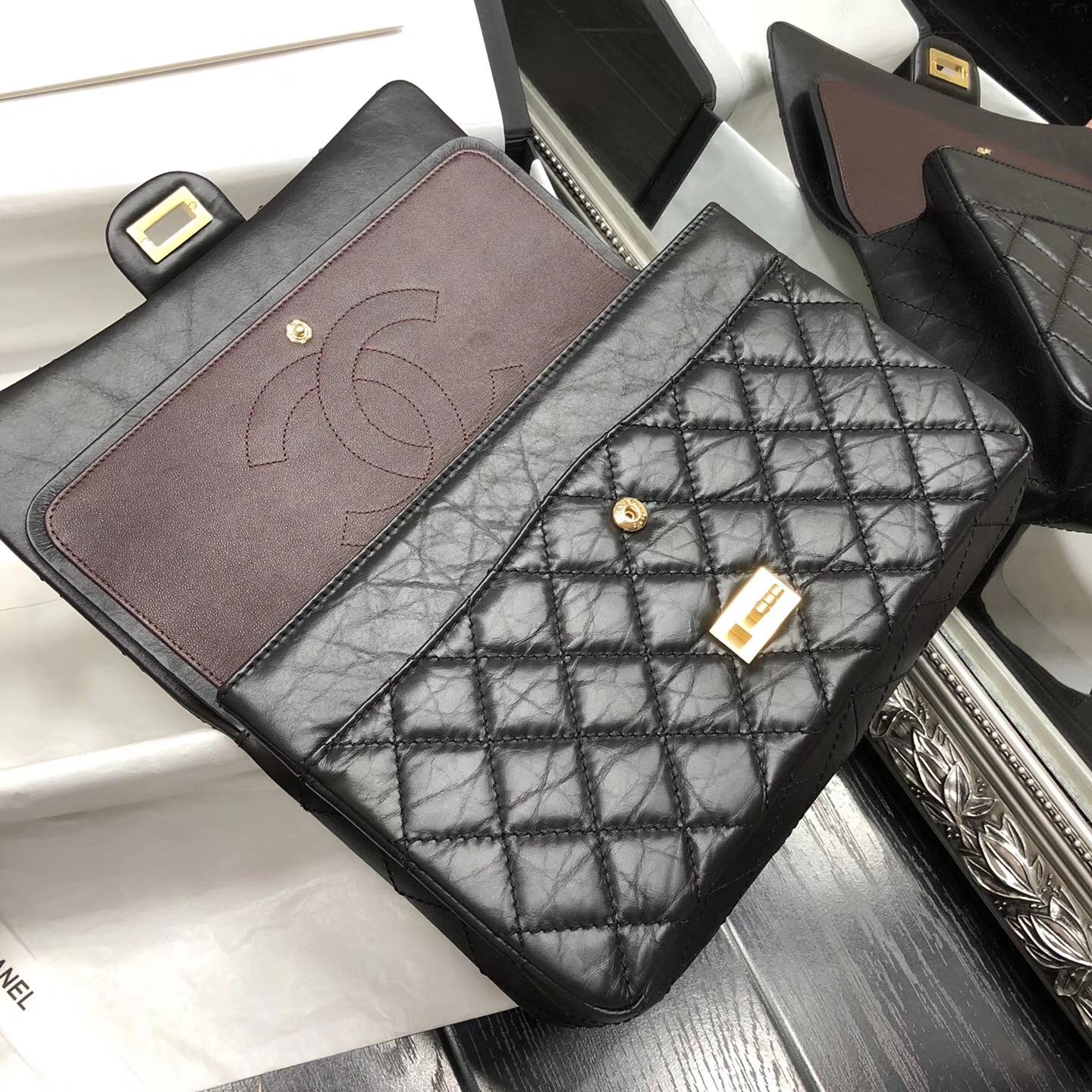 Chane.28cm中號Large 2.55 handbag口蓋包復古小牛皮金扣黑與酒紅