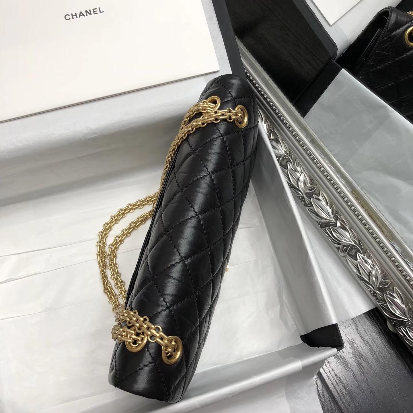 Chane.28cm中號Large 2.55 handbag口蓋包復古小牛皮金扣黑與酒紅