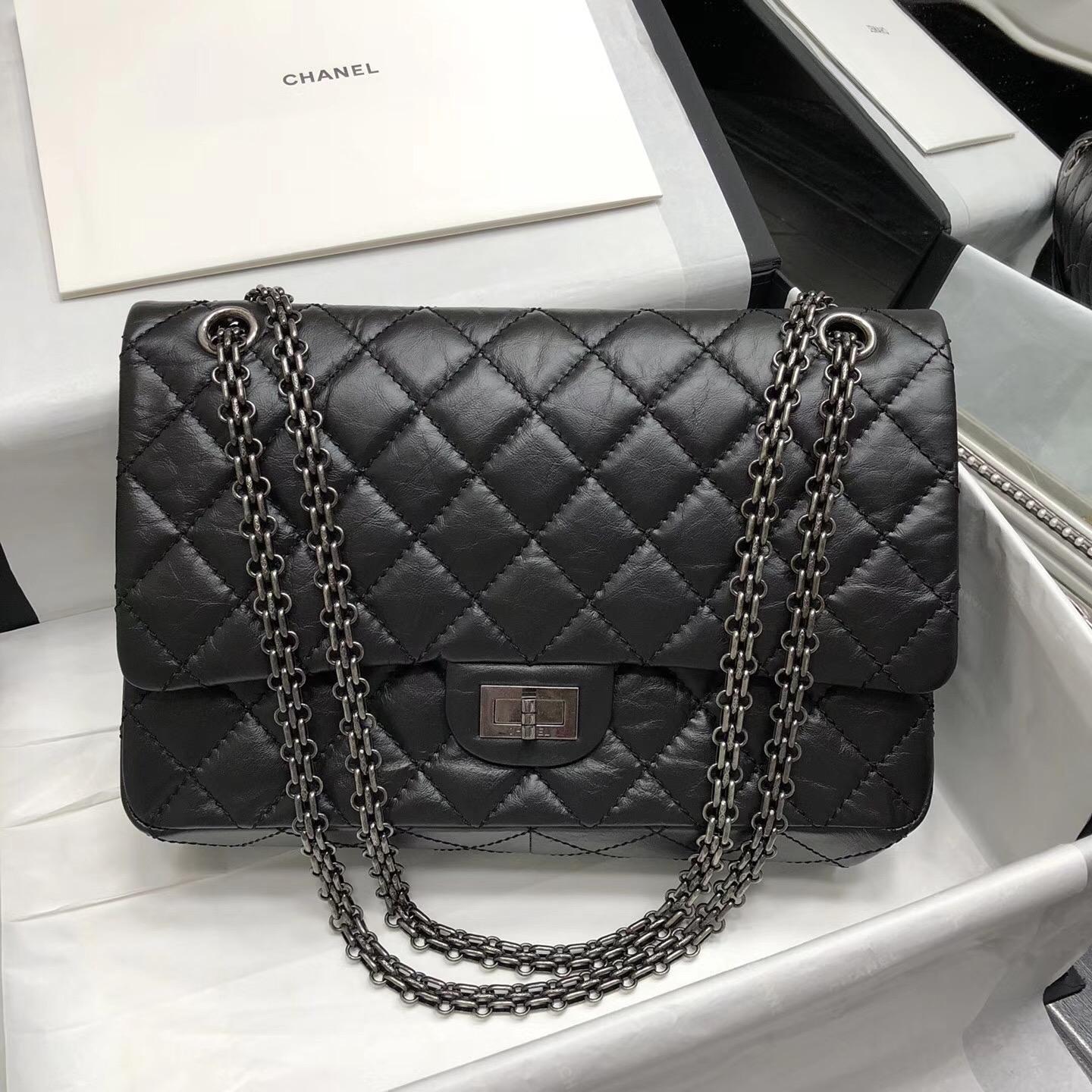 Chane. 28cm 中號Large 2.55 handbag口蓋包復古小牛皮黑與酒紅