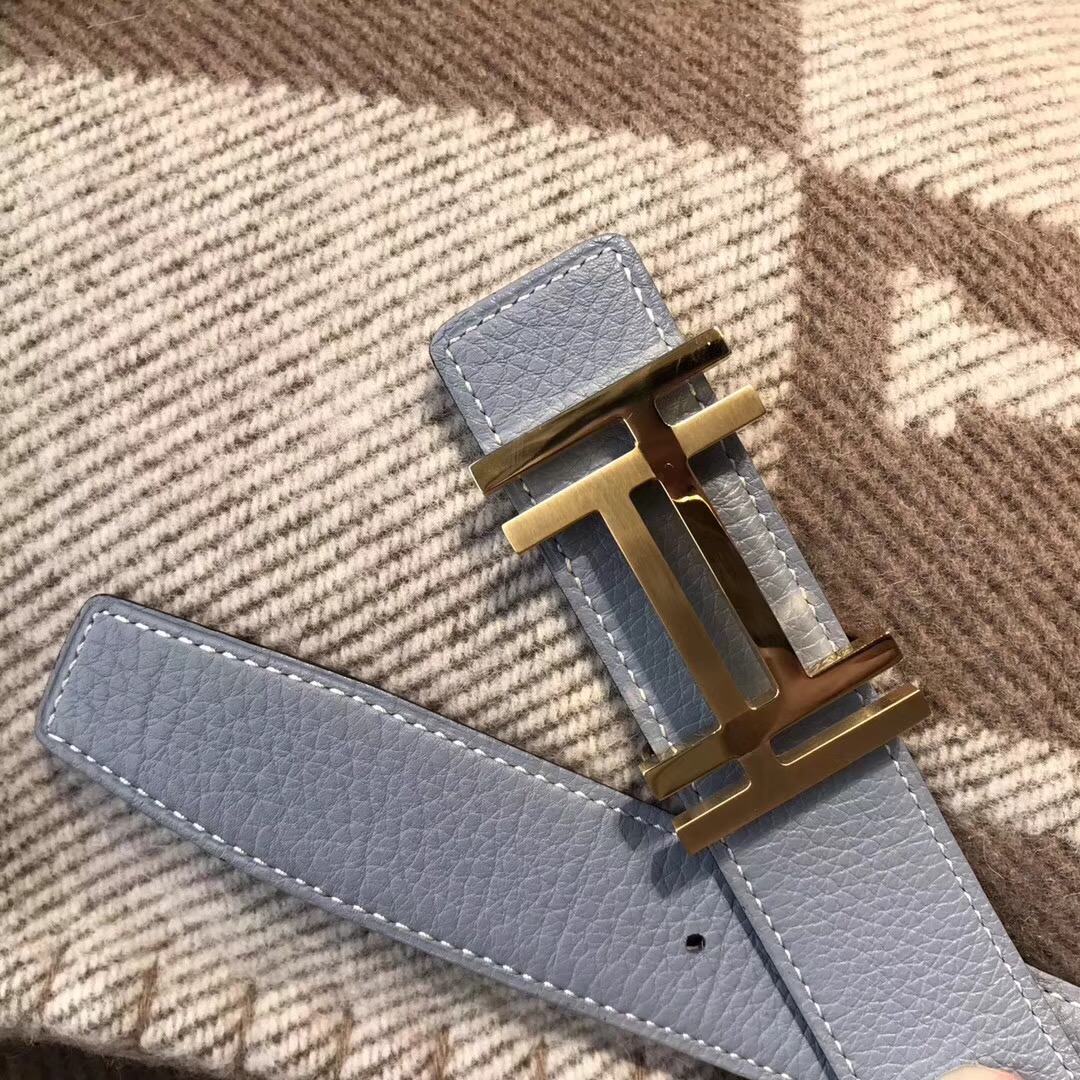 愛馬仕皮帶H扣 Hermes togo荔枝紋亚麻蓝腰帶 75～115歐碼